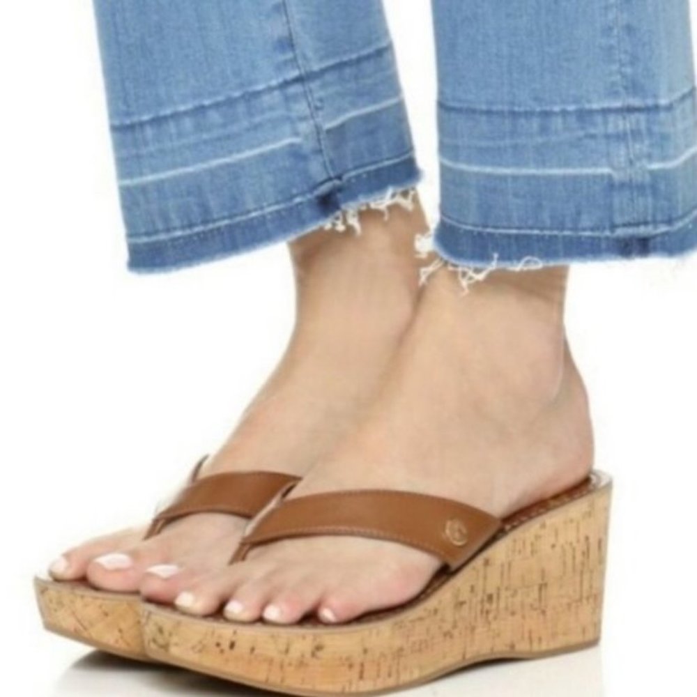 Sam Edelman Cognac Brown Romy Cork Wedge Thong Sandals Size 9 - Picture 3 of 8